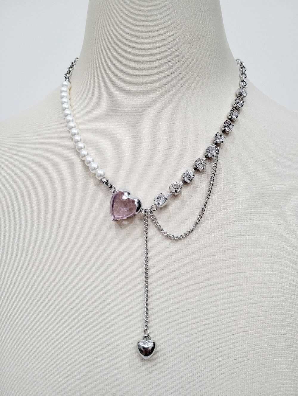 Brand New Stainless Steel Pearl Pink Heart Rhinestone Necklace